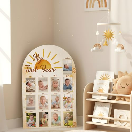 AceOrbit Grand cadre photo My First Year 83 x 55 cm | Premier voyage autour du soleil - Tableau photo 12 mois en bois pour photos de bébé - Pour photos de 10 x 15 cm
