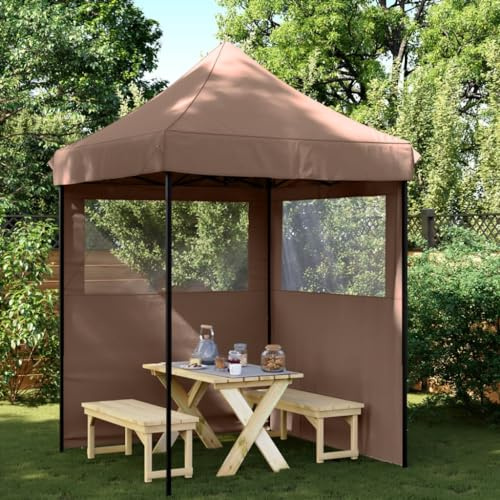 HETFTJN Pop-Up Partyzelt 200x200x306 cm braun Faltpavillon mit 2 Seitenteilen und Fenstern Robustes Oxford PVC Dach für Garten Grill Festival Camping