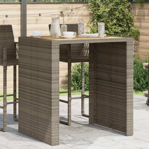 Hoopleep Garten-Bartisch aus Polyrattan, Grau, 105x80x110 cm, Akazienholzplatte, UV-beständig, Outdoor-Esstisch für Terrasse, robust
