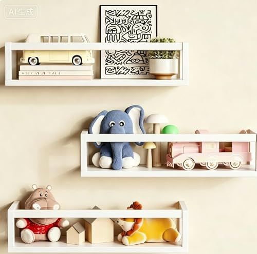 3Wandregal Kinderzimmer Regal Wand SchweberegalKinder Bücherregal (Weiß) | 41cm Holz Wandregal Bücher Schweberegale Gewürzregale Hängend Regal Wand Schweberegal für Babyzimmer Wohnzimmer & Wand Deko