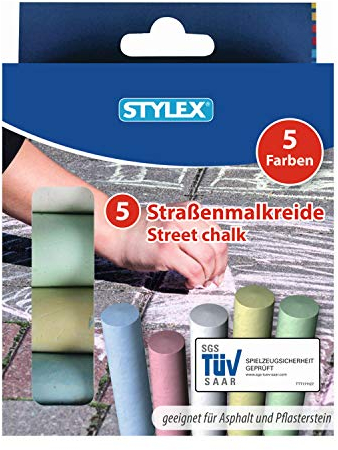 Stylex 25008 - Straßenkreide, Straßenmalkreide für Kinder, 5 Stangen, farbig sortiert, zum Bemalen von Asphalt und Pflasterflächen