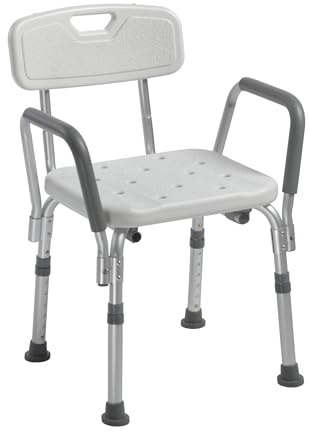 Drive Medical Shower Chair with Back & Padded Arms - Adjustable Height Bath Seat for Safety & Comfort - Lightweight Aluminum Construction- 350 Lb Capacity - White