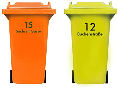 DSD Supplies ltd. Personalisierter MÜLLTONNENAUFKLEBER mit HAUSNUMMER und STRAßENNAMEN | senden Sie Uns Ihre Vorgaben, wir fertigen Ihren individuelle Mülltonnen Sticker, wetterfest, UV-beständig