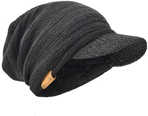Herren Dick Knit Newsboy Cap Visier Mütze Hut Fleece Gefüttert Strickmützen B319 (Grau/Schwarz)