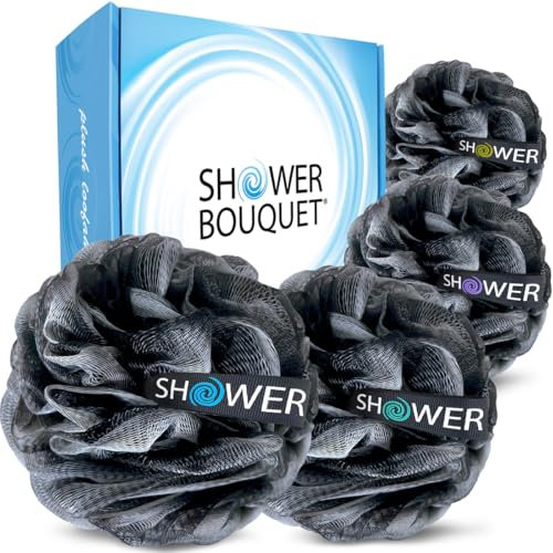 Loofah Charcoal Bath Sponge XL 75g Set by Shower Bouquet: 4 Pack, Extra Large Mesh Pouf Soft Scrubber for Men and Women - Exfoliate with Big Black & White Gentle Cleanse in Beauty Bathing Accessories