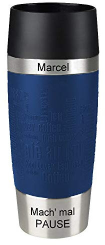 Sterngraf Emsa Isolierbecher MIT Gravur - Oben & UNTEN - (z.B. Namen) TRAVEL Mug 360ml Blau, 4h heiß/ 8h kalt, 100% dicht, auslaufsicher, Kaffee & Tee Thermo to-go-Becher