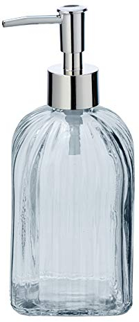 WENKO Dosatore di sapone Vetro trasparente angolare - Dispenser sapone liquido, dispenser detersivo piatti Capacità: 0.52 l, Vetro, 7.5 x 19 x 7.5 cm, Trasparente