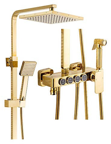 Shower Set Système de Douche, Or Ensemble de Douche Montage Mural Exposé Colonne de Douche avec Tête de Douche ABS, Douchette à Mains, Robinet de Baignoire, Bidet Pulvérisateur