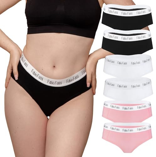 Fabio Farini - Damen Pantys 6er Pack Frauen Hipster Panties Set aus Baumwolle, mit weiß abgesetztem Bund 2X Schwarz/2x Weiß/2x Rosa M