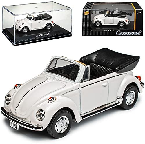 Cararama Volkwagen Käfer 1303 Cabrio Weiss 1972-1975 mit Sockel und Vitrine 1/43 Modell Auto