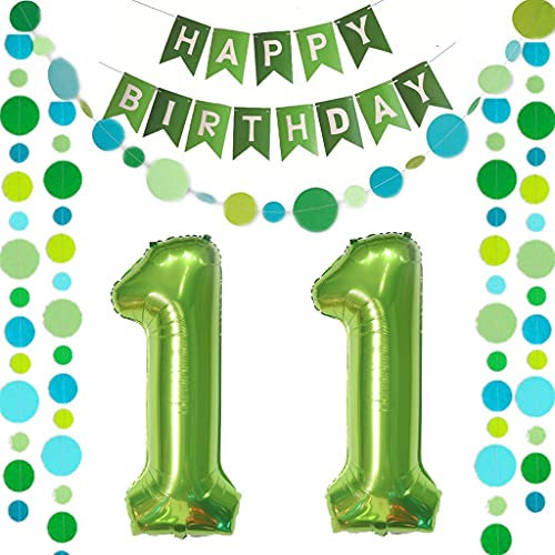 Luftballons Zahl 11 Grün + Happy Birthday Girlande + banner Folienballon 11.Geburtstags deko Mädchen jungen ballons 11 Jahre Geburtstag deko Zahlenballon 11 Geburtstag dekoration Mädchen junge(11)