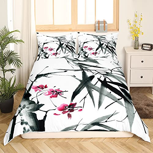 Loussiesd Set de ropa cama ligera con edredón de estilo chino, con pintura de tinta, tamaño King para niños, adolescentes y adultos, hojas de bambú, estilo vintage, ciruela, gris y blanco