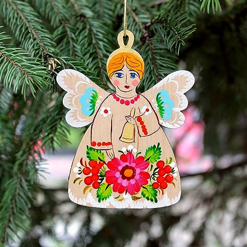 Engel zum Aufhängen Weihnachtsschmuck, Weihnachtsengel aus Holz 9.5 х 7.5 х 0.5 cm Beidseitig Handbemalt - Ukrainische Holzkunst mit Petrykiwka-Malerei, Als Schutzengel Funktioniert