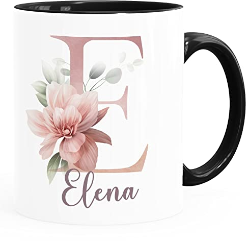 SpecialMe® Kaffee-Tasse Name Initiale Blumen Eukalyptus Floral Monogramm personalisierte Geschenke Inner-Schwarz Keramik-Tasse