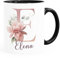 SpecialMe® Kaffee-Tasse Name Initiale Blumen Eukalyptus Floral Monogramm personalisierte Geschenke Inner-Schwarz Keramik-Tasse
