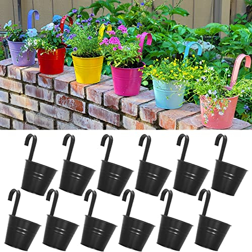 12 Pcs Pots De Fleurs Suspendus Métal Fer Vase Seau Jardinière pour Garde-Corps Clôture Balcon Jardin Décoration Porte-Fleurs avec Crochets Amovibles, Noir