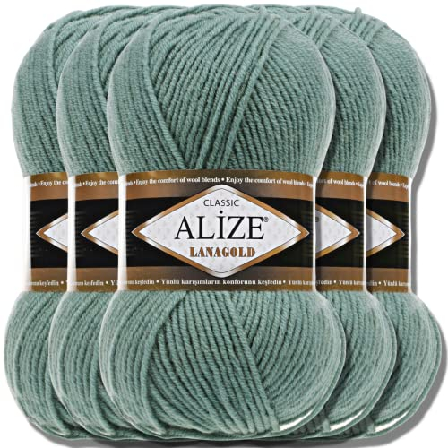 Alize 5 x 100g Lanagold Classic Türkische Premium Wolle Baumwolle und Acryl Uni Handstrickgarne | Yarn | Garn | Strickgarn Einfarbig Baby zum Häkeln Stricken Kleidung Schals (Azure | 386)