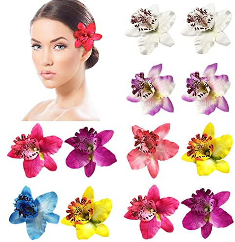 12 x Bohemia-Orchideen-Blumen-Krokodil-Clips, hawaiianische Hochzeit, Party, Strand, Party, Blumen-Clips, Haarnadeln, Kopfbedeckung, Haarspange für Damen, Mädchen