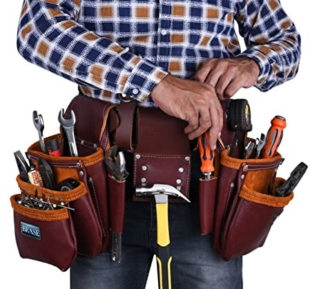 Brase 17 Pocket Leather Tool Belt Bag for Men and Womens Heavy Duty Tool Storage Organiser with Hammer Holder, Adjustable Waist Holder Bag for Professional Work.
