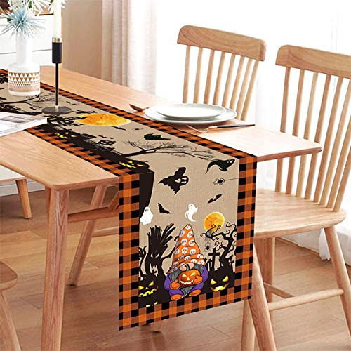 Halloween Tischläufer, Vintage Orange Schwarz Plaid Tischwäsche, Halloween Party Deko Waschbar Festival Herbst Küche Esstisch Gitter Tischdekoration Drinnen Draußen Kariert Tischdecke, 35x180cm