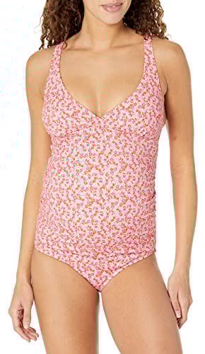 Amazon Essentials Maillot de Bain de Grossesse à Col en V Femme, Pêche Pâle Micro-Fleuri, 48