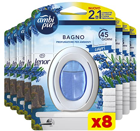 Ambi Pur Bagno Profumatore Per Ambienti, 8 Profumatori Bagno, Fragranza Fresca Brezza di Capri, Diffusore Ambiente Con Tecnologia Elimina Odori, Durata Fino a 50 Giorni Per Profumatore