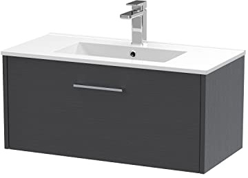 Hudson Reed JNU2225B Juno Modern Bathroom Wall Hung Single Drawer Vanity with Minimalist Ceramic Basin, 800mm, Woodgrain Graphite Grey