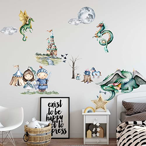WANDKIND Ritter und Drache Wandtattoo Kinderzimmer V383 | handgezeichnet | AUFKLEBER Kindergarten | Babyzimmer Wandsticker Schloss Prinzessin Wanddeko (50 x 50 cm)
