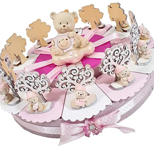 Torta battesimo nascita bimba albero della vita orsetti oggettini misti + centrale orso salvadanaio che abbraccia sole confetti inclusi (12+9 fette)