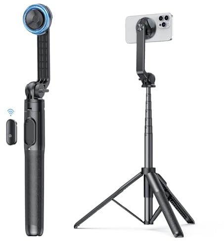 OMOTON Selfie Stick Stativ, 360° Drehbar 64 Erweiterbar Handy-Stativ für MagSafe mit Drahtloser Bluetooth-Fernbedienung, Magnetisches Handystativhalter für iPhone 15/14/13/12 Pro Max usw., Schwarz