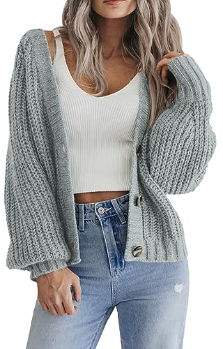 Hotouch Strickjacke Damen Solid Langarm Gestrickte Jacke V-Ausschnitt Cardigan Lässig Open Front Sweater mit Knopf Hellgrün HerbstS