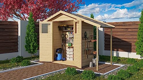 CHILLROI® Gartenhaus Housten 14mm Wandstärke naturbelassen Geräteschuppen Gartenschuppen auch mit Anbaudach (mit Anbaudach)