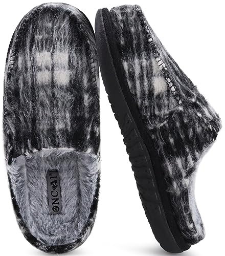 ONCAI Hausschuhe Damen Arch Support Hohe Dichte Memory Foam Plüsch Baumwolle Damen-Hausschuhe Kunstfell Kariert Pantoffeln Slip on Indoor Outdoor Yogamatte Gummisohle Flauschig Schwarz Größe 36