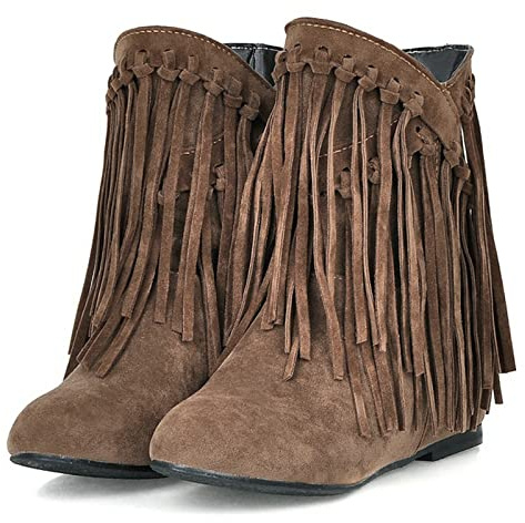 KiutSymo Womens Fringe Ankle Boots Round Toe Wide Calf Flat Tassel Boots Casual Hidden Wedge Heels Ankle Boots for Winter