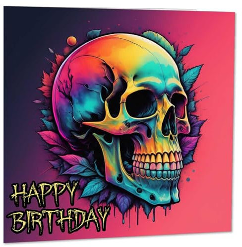Geburtstagskarte mit psychedelischem Totenkopf, Rockmetall, Gothic, Biker, 145 x 145 mm