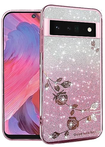 Yarxiawin Kompatibel mit Google Pixel 6 Pro hülle Silikon Glitzer Blumen Muster Aesthetic Clear Case, Handyhülle Google Pixel 6 Pro 5G hülle Glitzer Schutzhülle Transparent Motiv (Rosa)