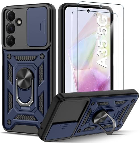 Guisessy Coque Compatible avec Samsung Galaxy A35 5G avec 2 Verre Trempé, Lentille Coulissante Couverture, Support 360° Rotatif Militaire PC Dur Renforcée Armor Antichoc Bumper Housse Etui - Bleu