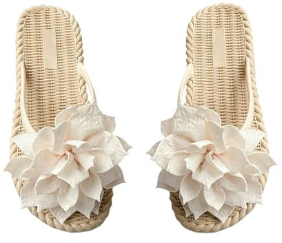 BVEBJDX Womens Flower Flip Flops Clearance UK,Ladies Beach Slides Bohemian Shoes Flat Sandals Open Toe Slippers Indoor House Shoe Faux Straw Flats Non-Slip Slide Summer Casual Slipper Pool Flip Flop