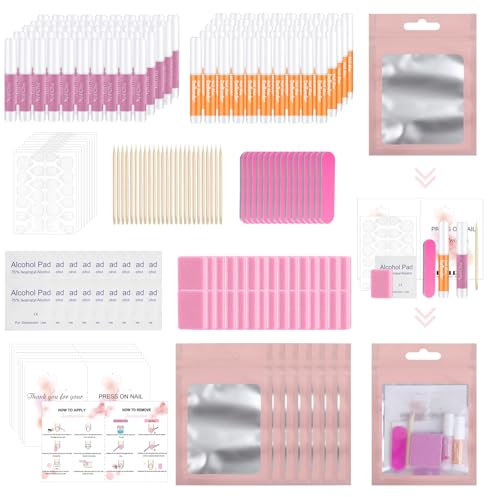 50 Set Press On Nail Tool Kit for Nails Business, Disposable Manicure Kit with Nail Glue, Glue Remover, Nail File, Nail Buffer, Prep Pad,Adhesive Nail Tabs, Wood Stick, Instruction Card for Salon Home