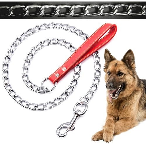 4ft (4mm) Premium DOG CHAIN with STRAP Chew Proof Dog Lead Hook Heavy Duty Outdoor Dog Camping Accessories Walking Dog Leashes Dog Chain Training Lead for Dogs (Red, 4mm (120cm))