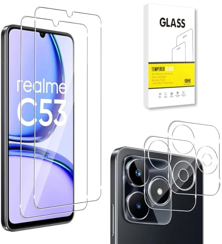 E-Hamii Protector de Pantalla Compatible con Realme C53 [2 Piezas]+Protector de Lente de Cámara [2 Piezas] Vidrio Templado 9H [Resistente a los Arañazos,Sin Burbujas] [Transparente]