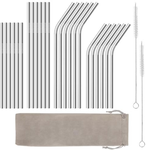 Pailles Inox,24 pièces Paille Metallique,Pailles Réutilisables en Inox (215mm/265mm) Avec 2 Brosses et 1 Sac de Rangement,Paille Metal Pour Smoothies, Cocktails Et Boissons Quotidiennes le café