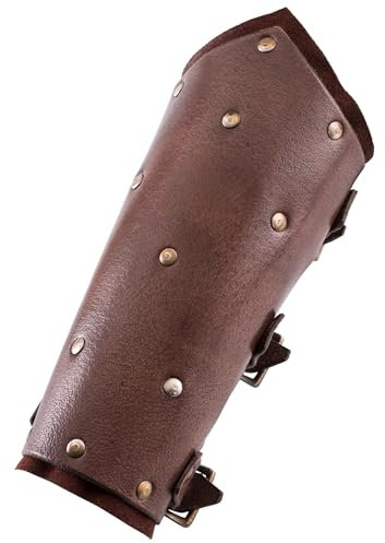 Ulfberth - Armschützer Paar aus Leder, mit Wildlederunterlage, Nieten und Schnallen - Wikinger Armschienen – Mittelalter, LARP (Dunkelbraun)