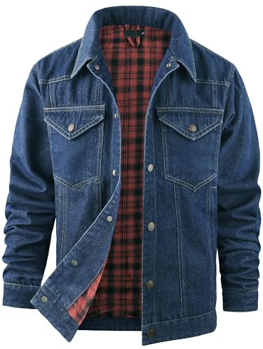 Mr.Stream Jeansjacke Herren Western Sommerjacke Cowboy Übergangsjacke Karierte Flanellfutter Denim Trucker Jacken mit Druckknopf