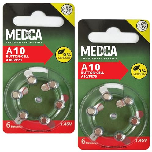 MEDca Lot de 12 piles bouton A10 - 1,45 V - Zinc jaune air - Pour appareils auditifs et amplificateurs auditifs - 10, P10, PR70 ou ZL4