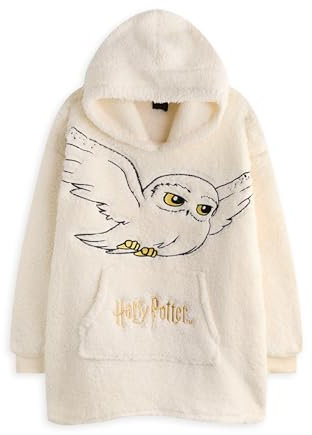 Harry Potter Mädchen tragbarer Decken-Hoodie | Kinder-Fleecepullover mit Kapuze in Beige | Hedwig Owl bestickte Sherpa-gefütterte Loungewear mit Taschen für Kinder