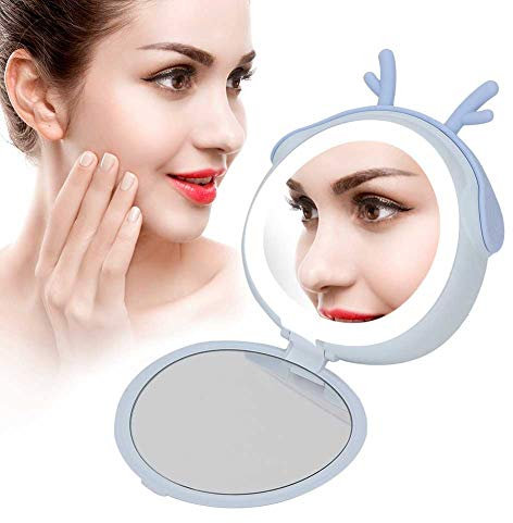 3000 MAh Compact Portable USB Power Bank Charger and Makeup Mirror with LED Lights - Girls (Blue)