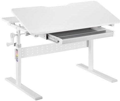Spacetronik Kinderschreibtisch Höhenverstellbar 54-76 cm, Schreibtisch Kinder mit Neigbarer Tischplatte 0-40°, Kinder Schreibtisch mit Schublade & Haken für Rucksack (Weiß, 80x60 cm)