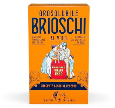 Orosolubile Brioschi al volo Zenzero - 15 Bustine di granulato digestivo e effervescente, da usare senz'acqua - Al pungente gusto di zenzero - per un sollievo gustoso ed istantaneo - 15g