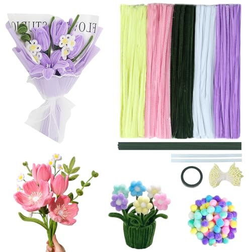 Set de 500 Limpiapipas de Colores para Manualidades, 350 Estambres Blancos con dos Cabezas de Perlas, 25 Alambre de Flores Verde, 100 mini Pompones de 1 cm para, Limpia Pipas para Manualidades